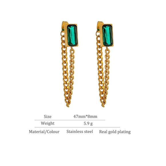 New 18K Gold Plated Green Crystal Chain Earrings - Picture 3 of 6